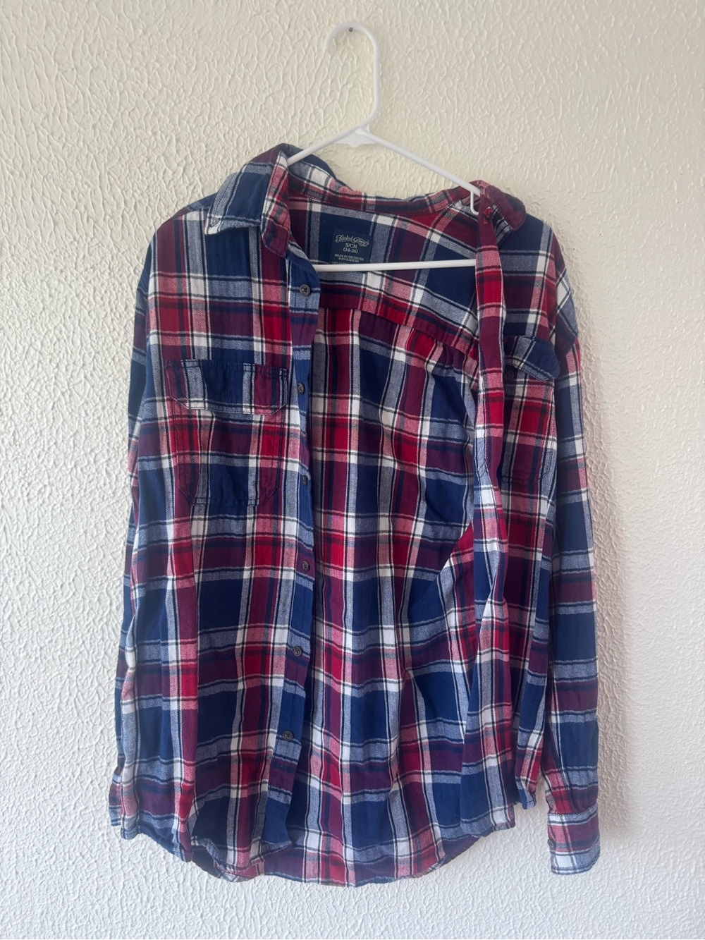 Faded Glory Red, Navy & White Plaid Button-Down Shirt